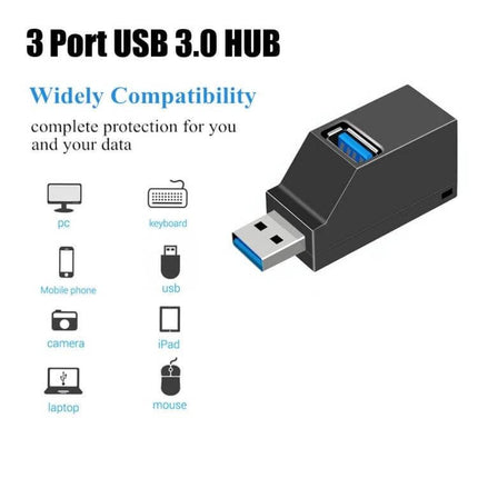 Portable USB Hub with Lanyard for Laptop and Desktop Connectivity showing compact 3-port USB 3.0 adapter and device icons