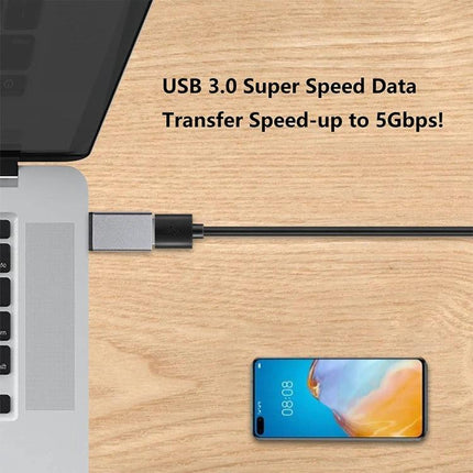 Daily Adapter for Phone Charging and Data Transfer connected between laptop and Type-C phone showing USB 3.0 fast data transfer up to 5Gbps, compact everyday carry