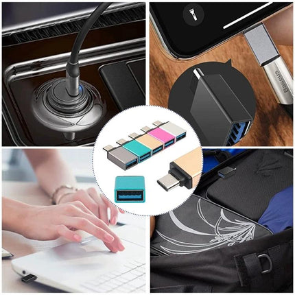 Daily Adapter for Phone Charging and Data Transfer compact Type-C adapter shown in use for car charging, laptop file transfer, and pocket portability