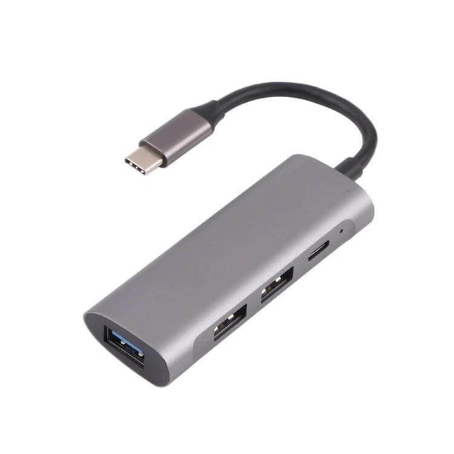 USB-C Multi-Port Hub for Connecting Peripherals Daily with one Type-C and three USB ports, gray compact adapter for laptops and tablets