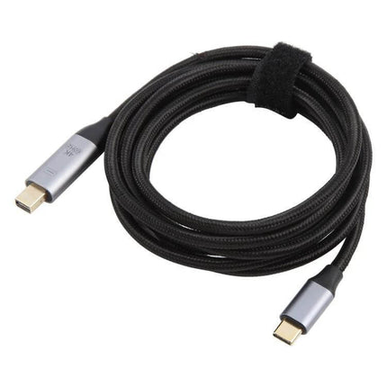Versatile USB-C to Mini DP Adapter Cable for Displays, 1.8 Meters coiled black braided cable with Type-C to Mini DisplayPort connectors