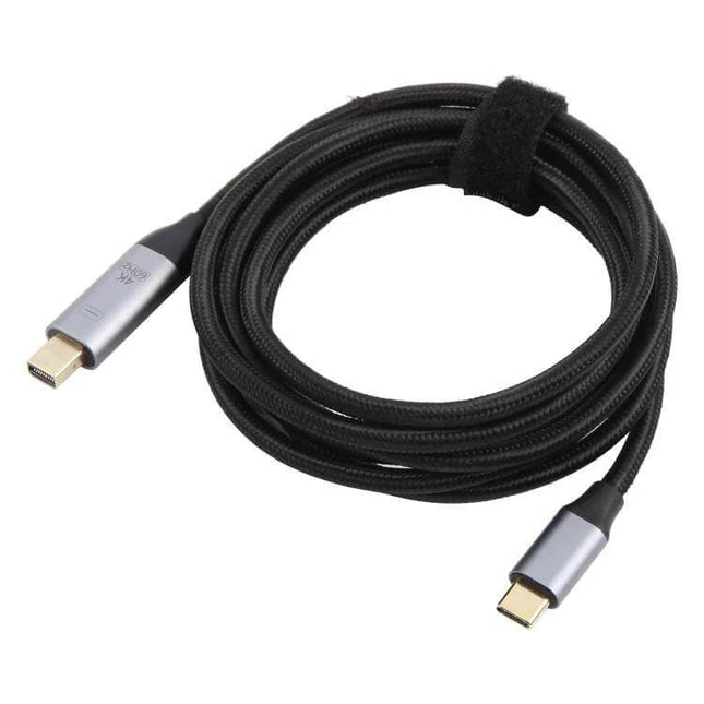 Versatile USB-C to Mini DP Adapter Cable for Displays, 1.8 Meters coiled black braided cable with Type-C to Mini DisplayPort connectors
