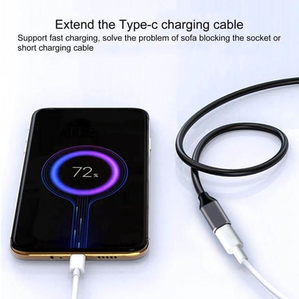 USB-C Male to Female Adapter Extension Cable, 1 Meter for Devices shown extending phone charging cable with 72% battery on screen