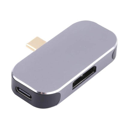 USB-C Adapter for Charging, Data Transfer, and Screen Projection compact gray dongle with Type-C plug, HDMI port and USB-C power pass-through