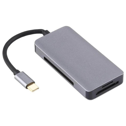 USB-C OTG Multi-Card Reader for SD, TF, and CF Cards compact gray card reader with built-in USB-C cable for photographers and travelers