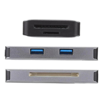 USB-C OTG Multi-Card Reader for SD, TF, and CF Cards compact black reader showing SD, TF and CF slots and USB-C ports