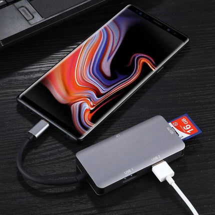USB-C OTG Multi-Card Reader for SD, TF, and CF Cards connected to smartphone showing SD card and USB charging cable