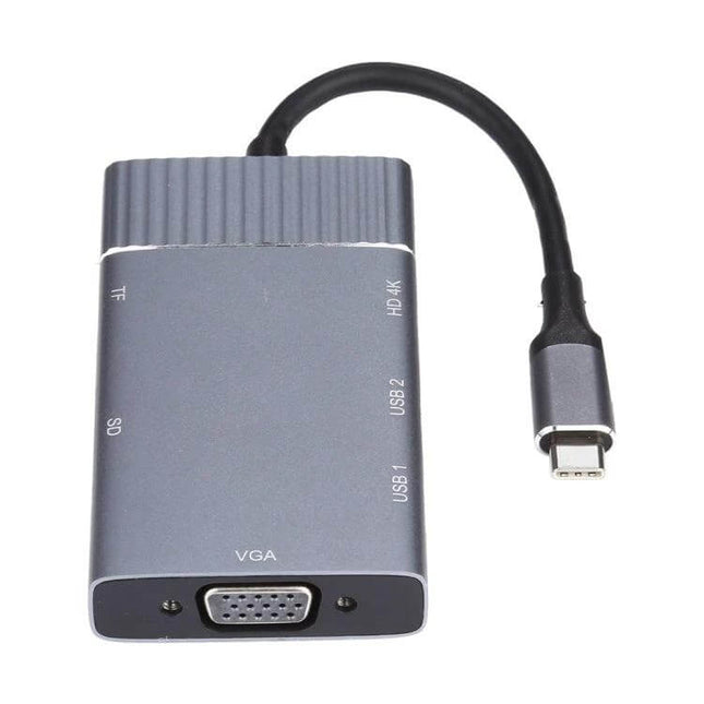 USB-C Multi-Function Dock for Laptop Connectivity and Ports, gray compact dock with VGA, USB-A, SD/TF slots and USB-C cable