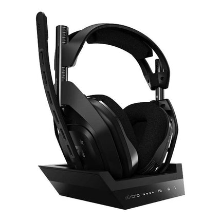 Logitech Astro A50 Wireless Gaming Headset for Audio Use on charging base showing microphone and padded earcups