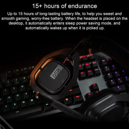 Alt Tag: Logitech Astro A50 Wireless Gaming Headset for Audio Use showing headset on RGB keyboard highlighting 15+ hours battery life