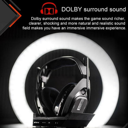 Logitech Astro A50 Wireless Gaming Headset for Audio Use on charging stand with ring light and Dolby surround sound branding