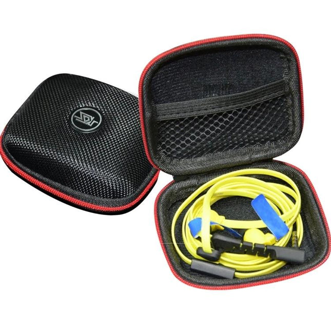 KZ Case for Organizing Earphones and Cables Daily - compact black zip storage case with yellow earphones, mesh pocket, red trim