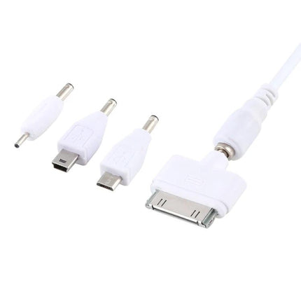 Versatile Cable for Everyday Device Charging and Travel Needs – white multi-adapter charging cable with 30-pin, micro-USB, mini-USB and barrel connectors
