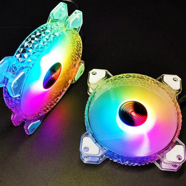 Coolmoon 120mm White ARGB Fan for Computer Cooling — dual ARGB 120mm white case fans with diamond-texture frames, vibrant addressable RGB lighting