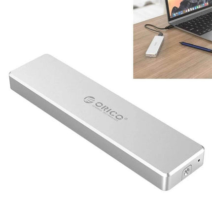 Orico Enclosure for M.2 SSD Storage via USB-C, Up to 2TB Capacity - slim silver portable external M.2 SSD enclosure connected to laptop