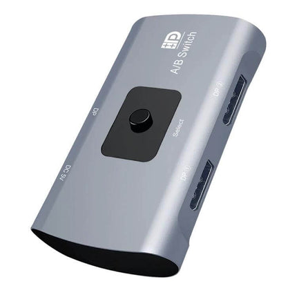 DisplayPort to USB-C Two-Way Switcher for Dual Monitors compact silver AB switch for toggling two computers or dual displays
