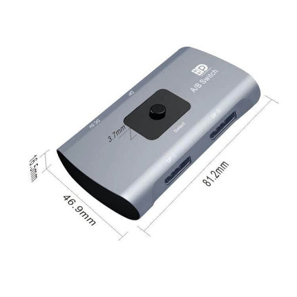 DisplayPort to USB-C Two-Way Switcher for Dual Monitors compact silver A/B switcher with button and port dimensions