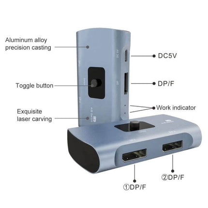 DisplayPort to USB-C Two-Way Switcher for Dual Monitors showing aluminum alloy casing, toggle button, DC5V port, DP ports and work indicator