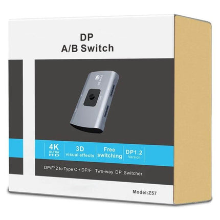 DisplayPort to USB-C Two-Way Switcher for Dual Monitors shown in retail box with DP A/B switch and 4K, DP1.2 features