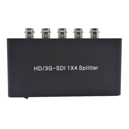 HD/3G-SDI 1x4 Video Splitter for Signal Distribution - compact black 1x4 SDI splitter with four BNC outputs for distributing HD/3G-SDI video and audio