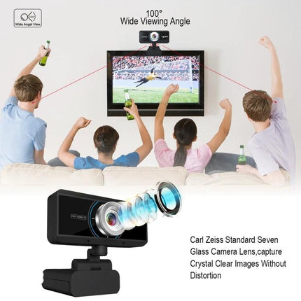 HXSJ Adjustable Webcam for Video Calls and Conferences showing webcam on monitor with 100° wide viewing angle and lens elements
