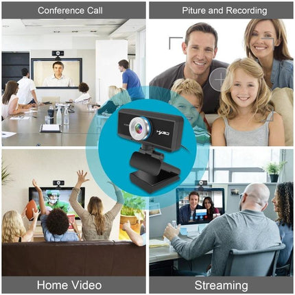 HXSJ Adjustable Webcam for Video Calls and Conferences showing webcam and use cases: conference calls, home video, streaming, picture and recording