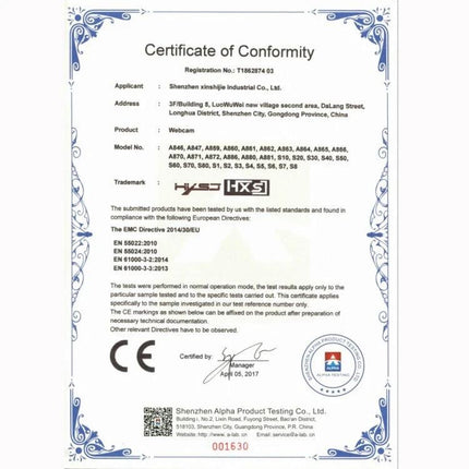 HXSJ Adjustable Webcam for Video Calls and Conferences certificate of conformity showing model numbers and CE compliance