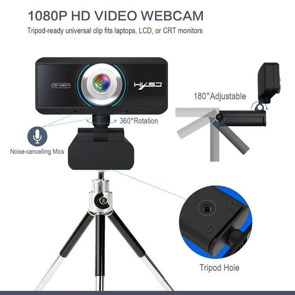 HXSJ Adjustable Webcam for Video Calls and Conferences showing 1080P HD camera on tripod with 360° rotation, 180° adjustable hinge, noise-cancelling mics