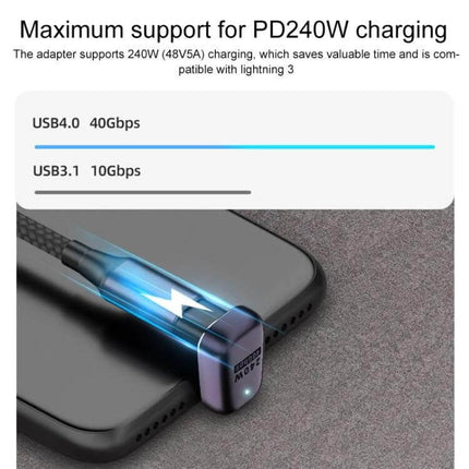 USB-C Vertical Angle Adapter for Charging and Data Transfer showing PD240W charging and USB4 40Gbps vs USB3.1 10Gbps comparison