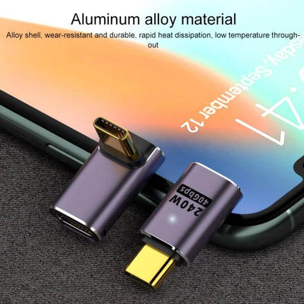USB-C Vertical Angle Adapter for Charging and Data Transfer shown plugged into smartphone with aluminum alloy angled design to reduce cable strain