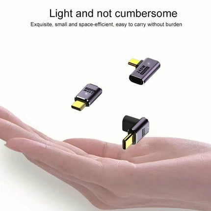 USB-C Vertical Angle Adapter for Charging and Data Transfer showing compact aluminum alloy adapters on a hand, highlighting vertical design and cable strain relief