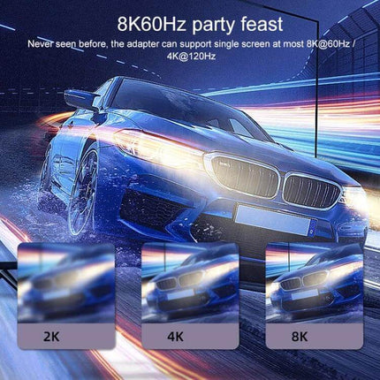 USB-C Vertical Angle Adapter for Charging and Data Transfer shown supporting 2K, 4K, and 8K high-speed video output with sleek car graphic