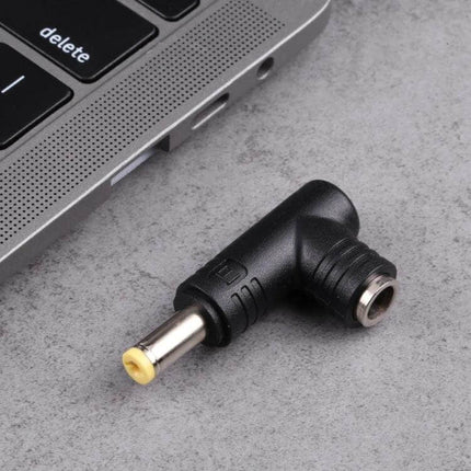 DC Power Adapter Connector for 5.5mm x 2.1mm to 2.5mm Plugs showing black right-angle adapter beside laptop for DIY power compatibility
