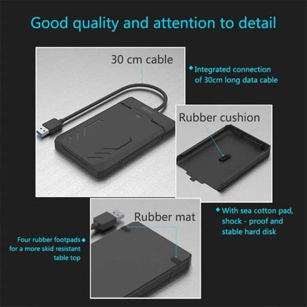 Unitek 2.5-Inch Hard Drive Enclosure for Easy Data Storage showing 30cm cable, rubber cushion, rubber mat and four anti-slip footpads