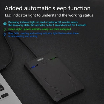 Unitek 2.5-Inch Hard Drive Enclosure for Easy Data Storage showing LED sleep function with blue read/write and green power indicators