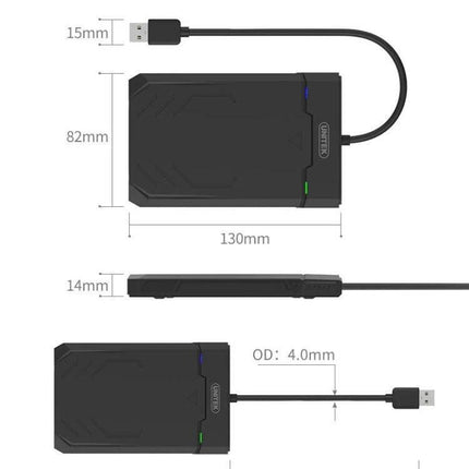 Unitek 2.5-Inch Hard Drive Enclosure for Easy Data Storage — black 2.5" SATA HDD/SSD portable enclosure with USB cable and dimensions