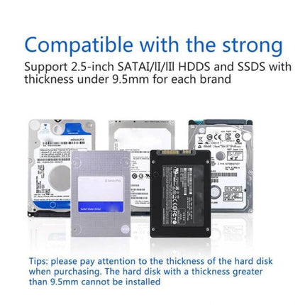 Unitek 2.5-Inch Hard Drive Enclosure for Easy Data Storage — shows compatible 2.5-inch SATA HDDs and SSDs under 9.5mm