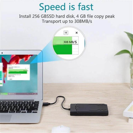 Unitek 2.5-Inch Hard Drive Enclosure for Easy Data Storage connected to laptop showing 308MB/s transfer speed