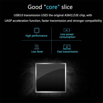Unitek 2.5-Inch Hard Drive Enclosure for Easy Data Storage showing ASM1153E USB3.0 chip features high performance, low power, low heat and fast transmission