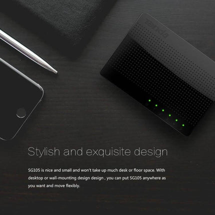 Tenda SG105 5-Port Gigabit Ethernet Network Switch compact desktop setup with glowing LED ports for home and small office