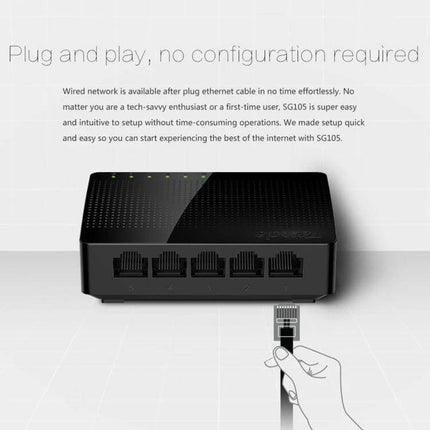 Tenda SG105 5-Port Gigabit Ethernet Network Switch front view showing five ports and plug-and-play ethernet connection