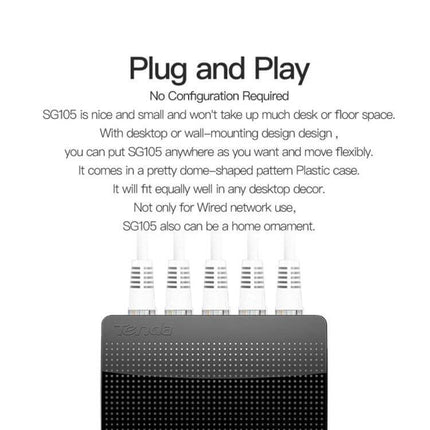 Tenda SG105 5-Port Gigabit Ethernet Network Switch top view showing five Ethernet cables and plug-and-play text