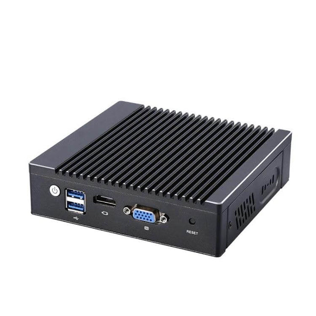 Compact Mini PC for Everyday Productivity Tasks — fanless black mini PC with USB, HDMI, VGA ports and compact design for home office