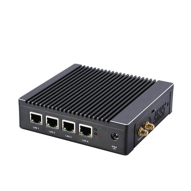 Compact Mini PC for Everyday Productivity Tasks fanless small-footprint desktop with four LAN ports and external antennas for home office use