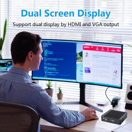 Compact Mini PC for Everyday Productivity Tasks fanless mini PC on desk powering dual screen display for web browsing and document editing