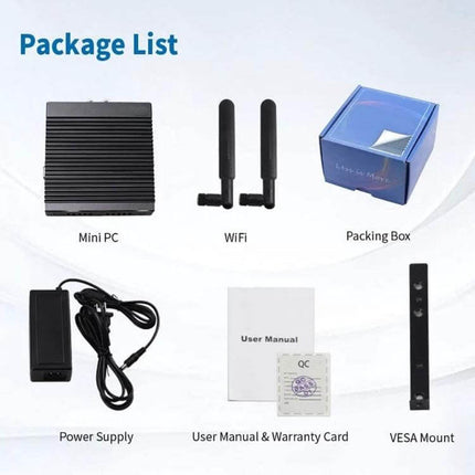 Compact Mini PC for Everyday Productivity Tasks showing mini PC, WiFi antennas, power supply, VESA mount, user manual and packing box