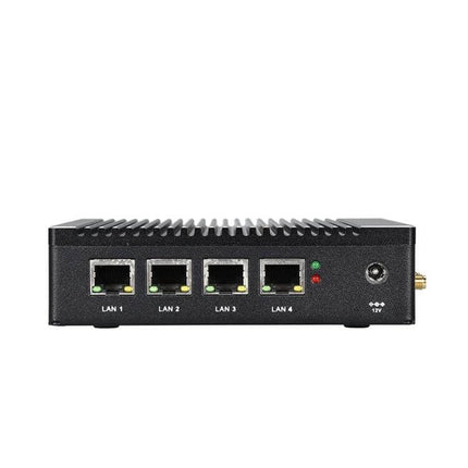Compact Mini PC for Everyday Productivity Tasks showing fanless small-footprint unit with four LAN ports for web browsing and office use