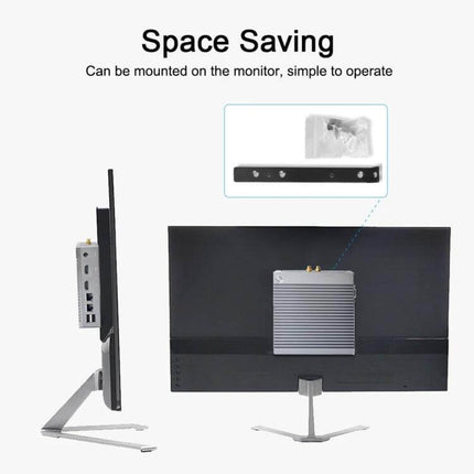 Efficient Mini PC for Windows and Linux Computing Tasks mounted behind monitor, space-saving Intel Celeron quad-core compact setup