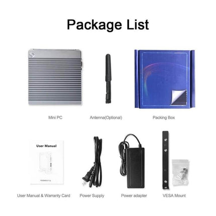 Efficient Mini PC for Windows and Linux Computing Tasks showing mini PC, antenna, power adapter, VESA mount and manual in package list