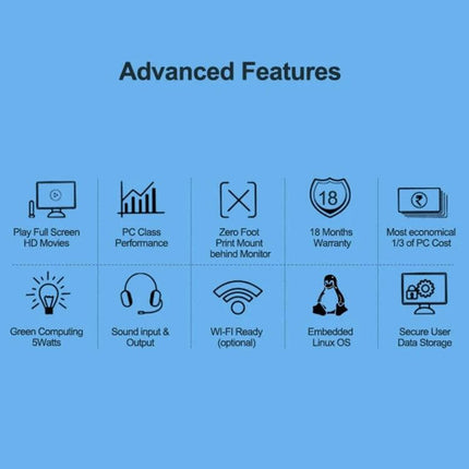 Compact Mini PC for Windows and Linux Everyday Computing compact mini PC icons showing advanced features such as HD playback, Linux OS, Wi-Fi, low power, warranty